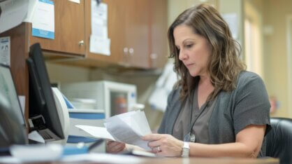 A Healthcare Professional Sits At A Desk In A Medical Office, Carefully Reviewing Medical Records And Documentation